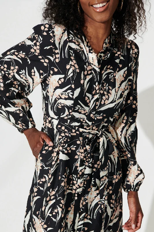 Lorie Maxi Shirt Dress In Black With Cream Leaf Cotton Blend