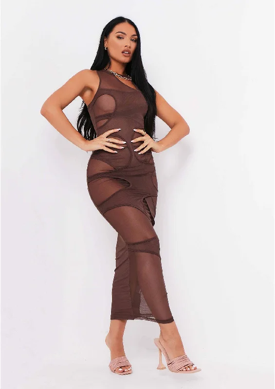 Lucy Chocolate Mesh Cut Out Maxi Dress