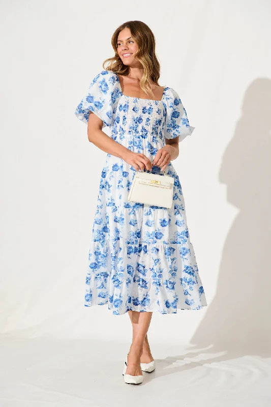 Luella Midi Dress In White With Blue Floral Cotton Blend