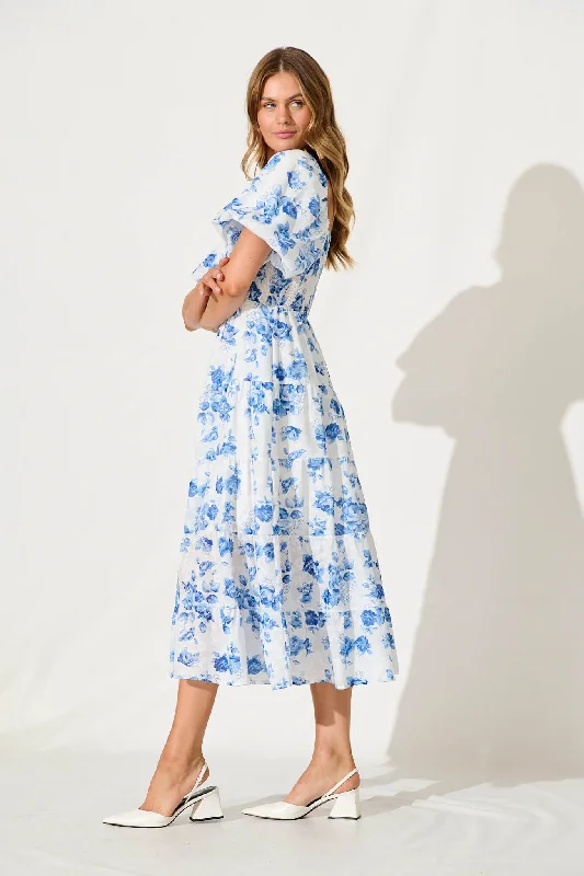 Luella Midi Dress In White With Blue Floral Cotton Blend