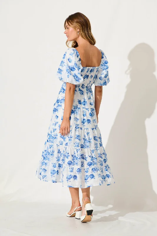 Luella Midi Dress In White With Blue Floral Cotton Blend