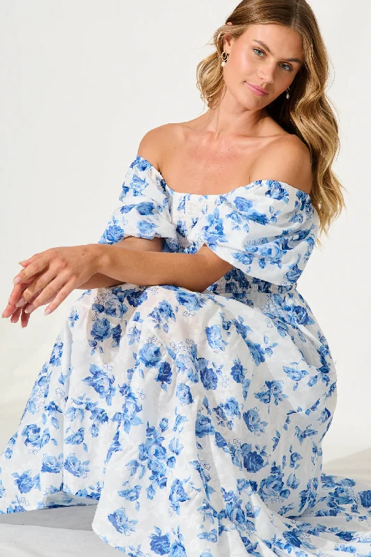 Luella Midi Dress In White With Blue Floral Cotton Blend