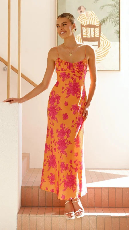 Margie Midi Dress - Orange / Pink Floral