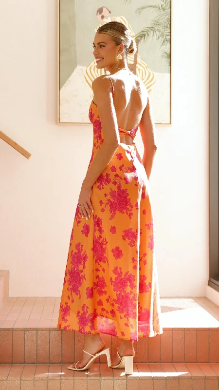 Margie Midi Dress - Orange / Pink Floral