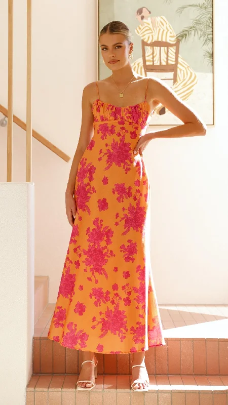 Margie Midi Dress - Orange / Pink Floral