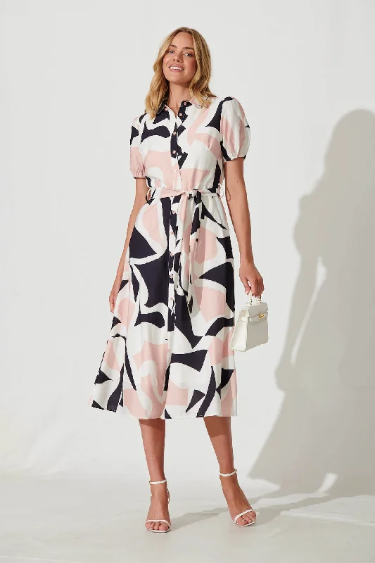 Martine Midi Shirt Dress In Blush With Cream Geometric Print Cotton Blend