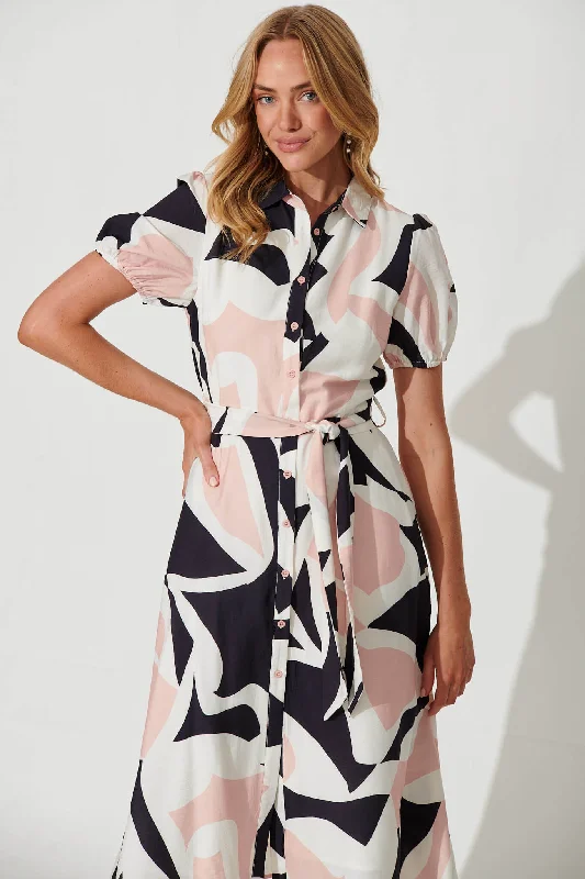 Martine Midi Shirt Dress In Blush With Cream Geometric Print Cotton Blend