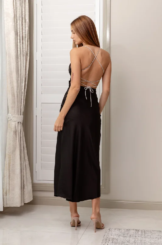 MARVA OPEN BACK MAXI DRESS - Black Satin