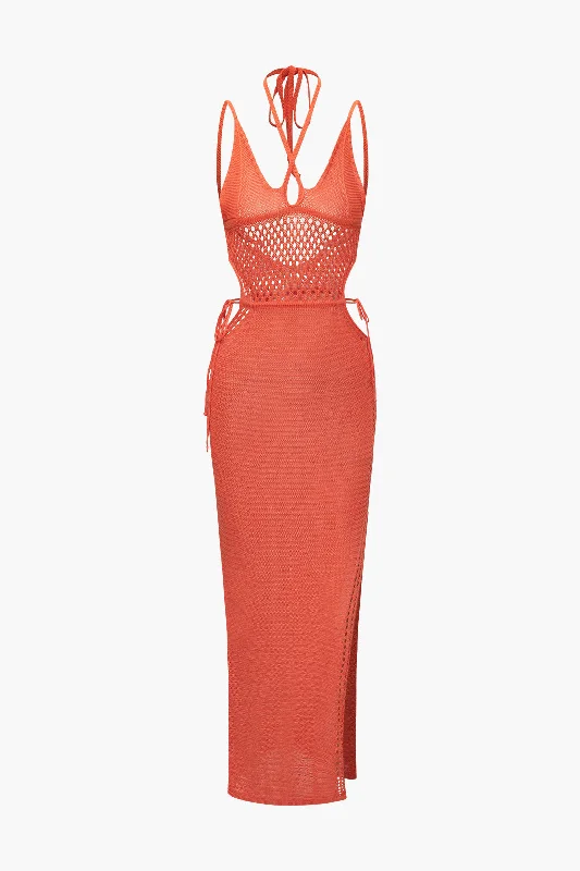 Cut Out Open Knit Backless Halter Maxi Dress