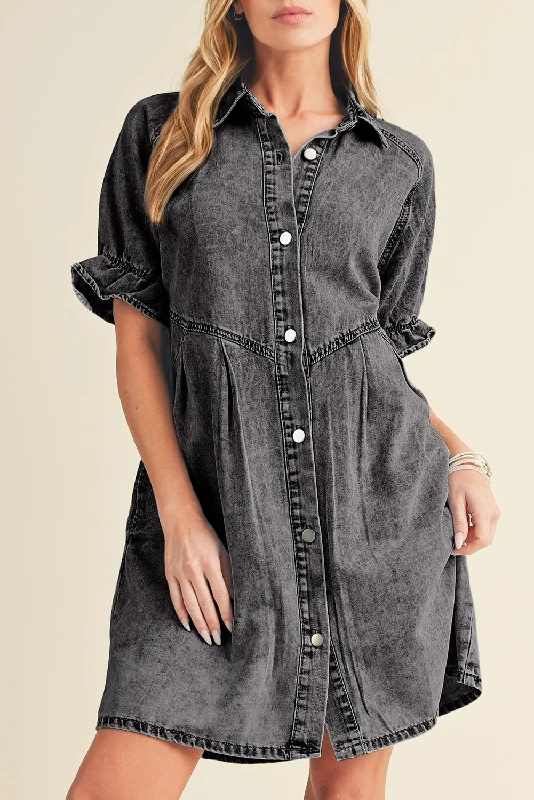 Medium Grey Mineral Washed Ruffled Short Sleeve