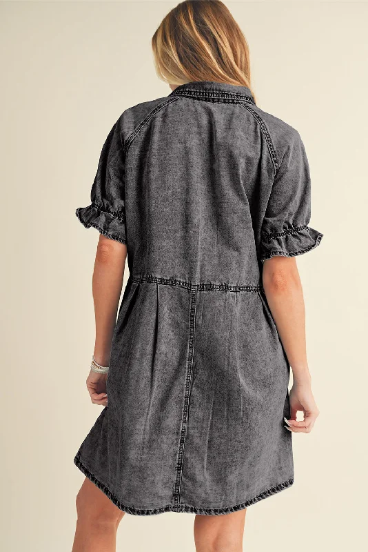 Medium Grey Mineral Washed Ruffled Short Sleeve