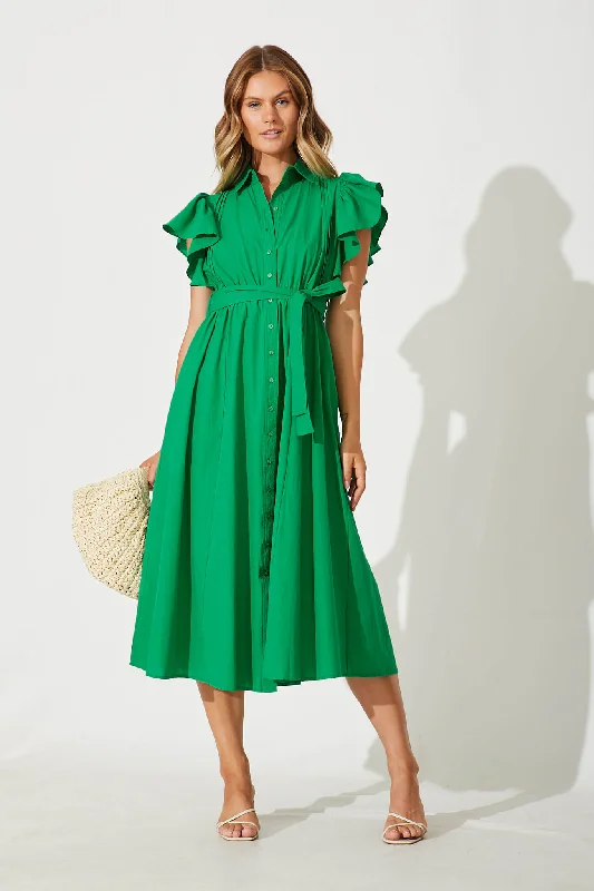 Miles Midi Shirt Dress In Green Cotton