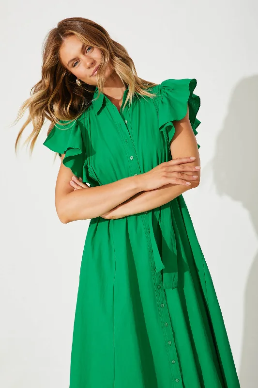 Miles Midi Shirt Dress In Green Cotton