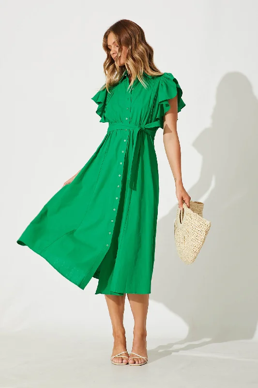 Miles Midi Shirt Dress In Green Cotton