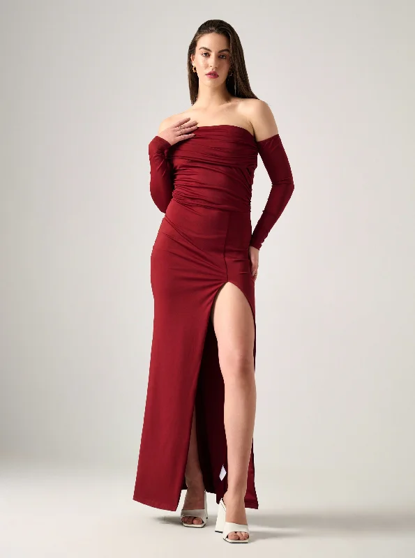 Mira LONG SLEEVE RUCHED MAXI DRESS WITH SIDE SPLIT