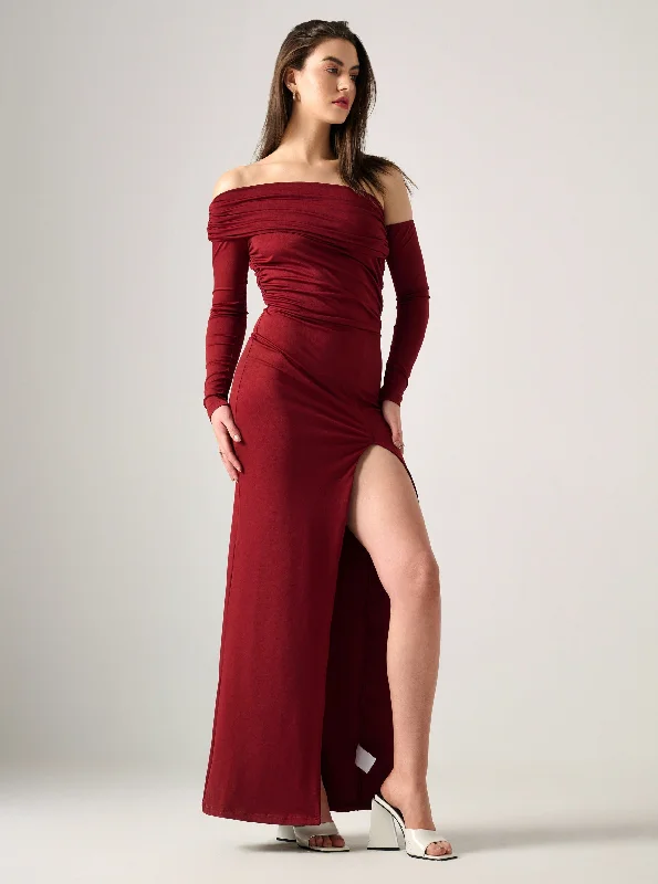 Mira LONG SLEEVE RUCHED MAXI DRESS WITH SIDE SPLIT