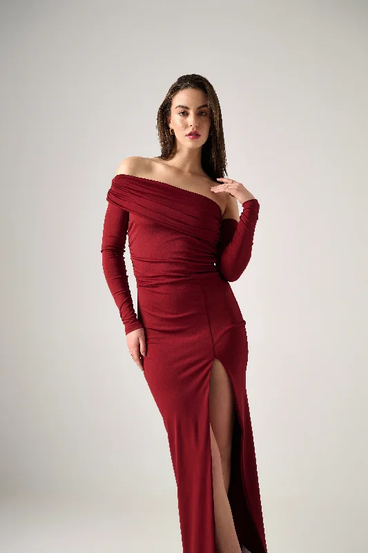 Mira LONG SLEEVE RUCHED MAXI DRESS WITH SIDE SPLIT