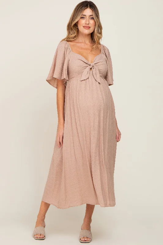 Mocha Front Tie Ruffle Sleeve Maternity Midi Dress