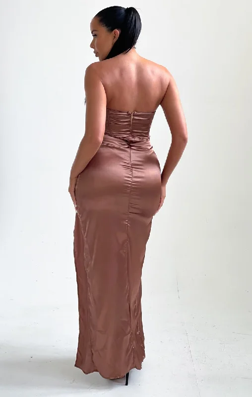 Mocha Satin Strapless Split Leg Maxi Dress - Demi