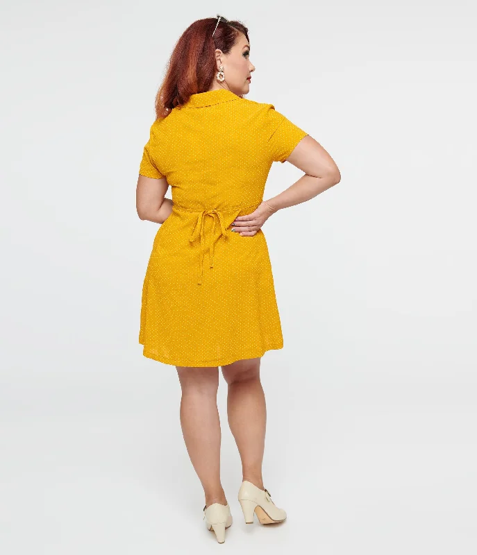 Mustard Polka Dot Button Up Fit & Flare Dress