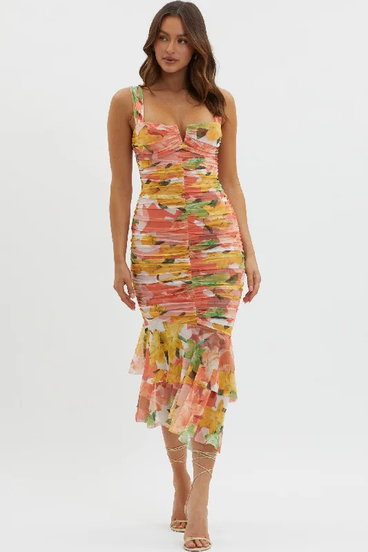 Nadia Ruched Fishtail Midi Dress Floral Orange