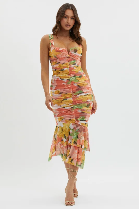 Nadia Ruched Fishtail Midi Dress Floral Orange