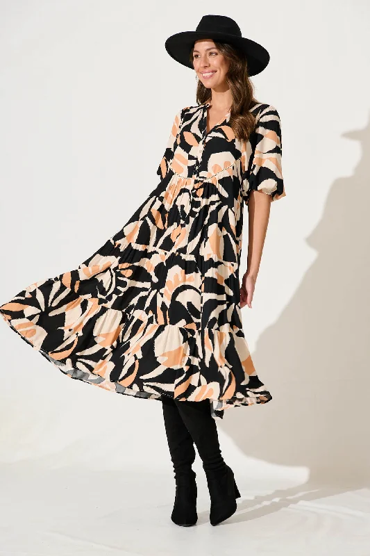 Nantes Midi Smock Dress In Black With Coffee Abstract Print