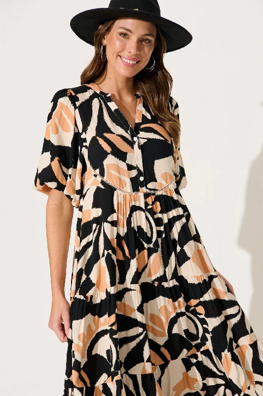 Nantes Midi Smock Dress In Black With Coffee Abstract Print