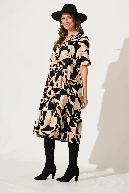 Nantes Midi Smock Dress In Black With Coffee Abstract Print