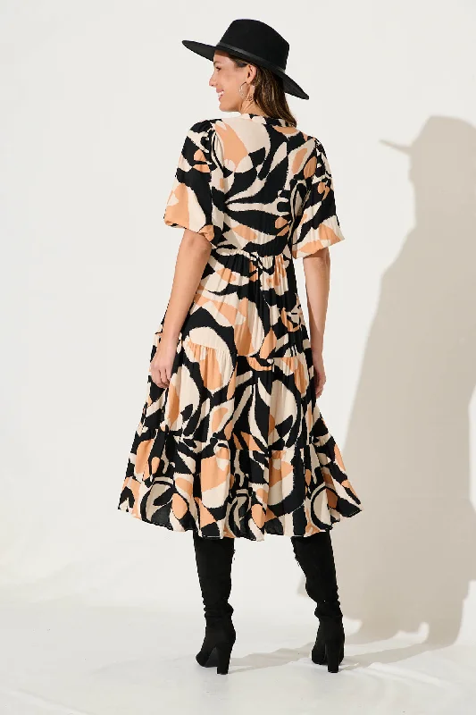 Nantes Midi Smock Dress In Black With Coffee Abstract Print