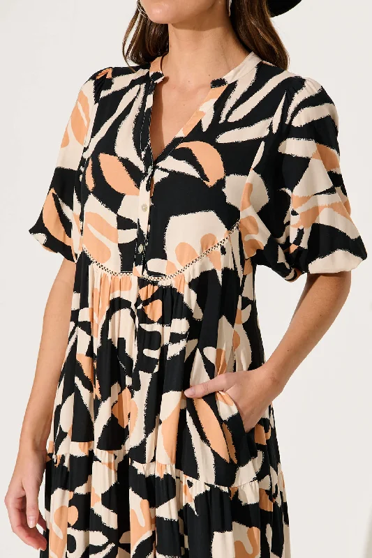 Nantes Midi Smock Dress In Black With Coffee Abstract Print