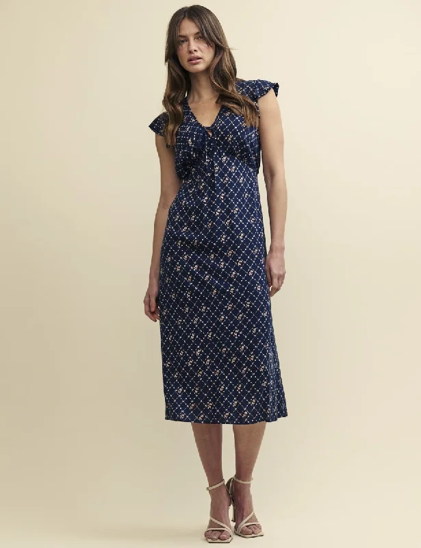 Navy Floral Trellis Print Lily Midi Dress