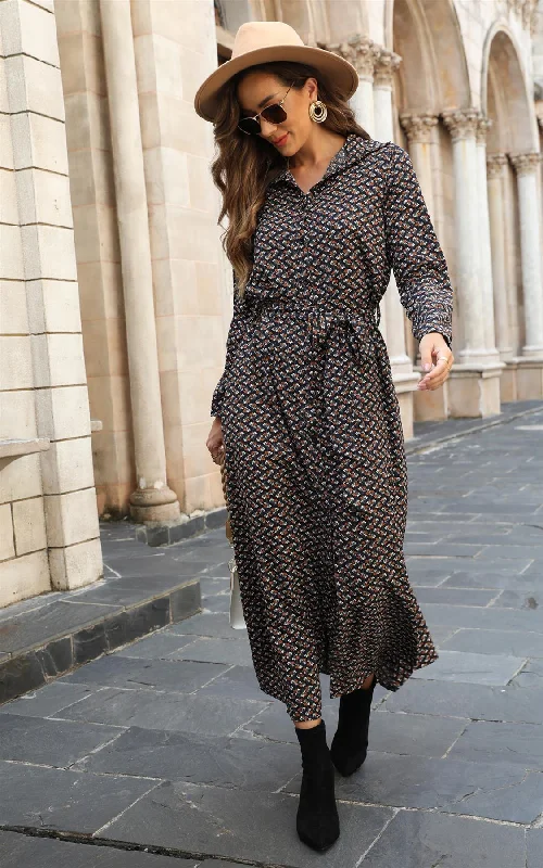 Navy Print Maxi Shirt Dress With Tie Waist + Free Gold Stretch Knotted Belt