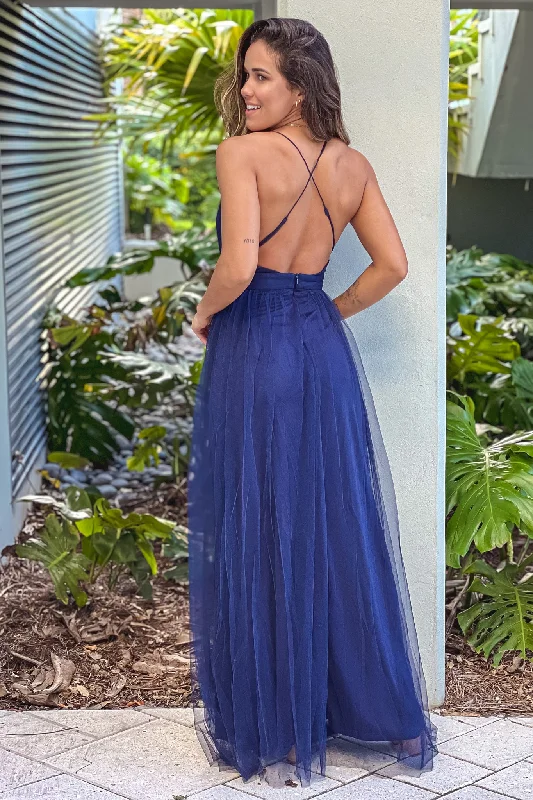 Navy Tulle V-Neck Maxi Dress With Slits