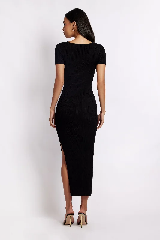 Nina Short Sleeve Knit Midi Dress - Black