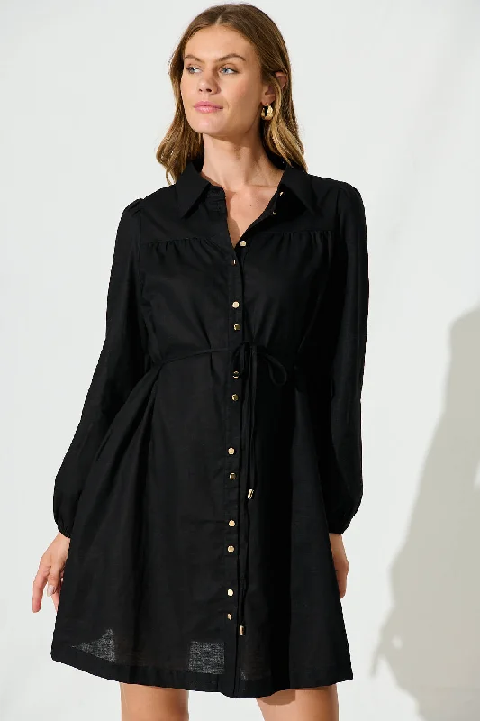 Oatley Shirt Dress In Black Cotton Linen