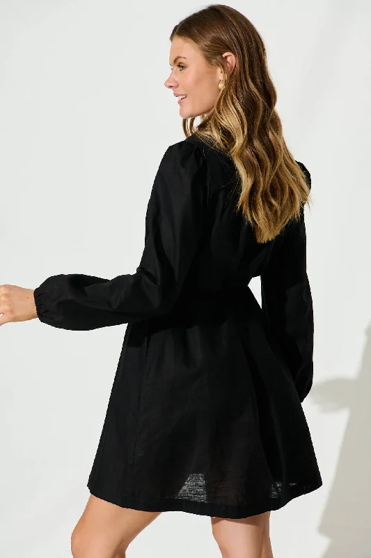 Oatley Shirt Dress In Black Cotton Linen