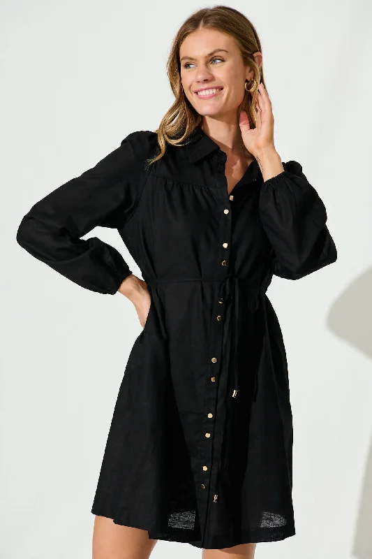 Oatley Shirt Dress In Black Cotton Linen