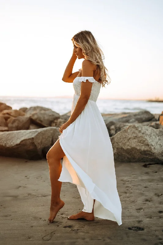 Odella Off Shoulder Dress: Smocked Maxi in Off White