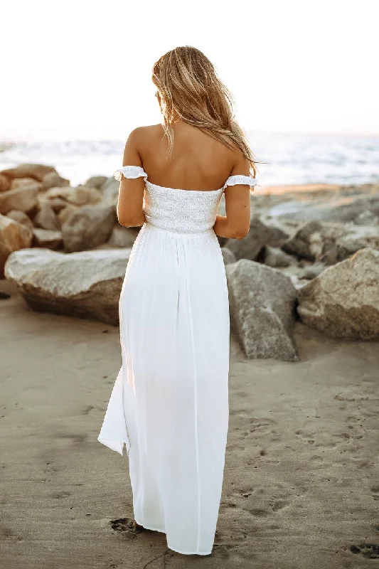 Odella Off Shoulder Dress: Smocked Maxi in Off White