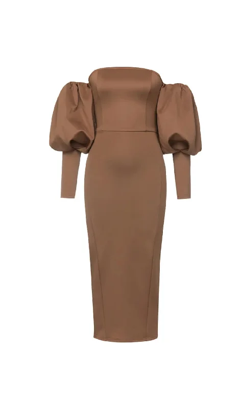 OFF-SHOULDER LANTERN SLEEVE MIDI DRESS