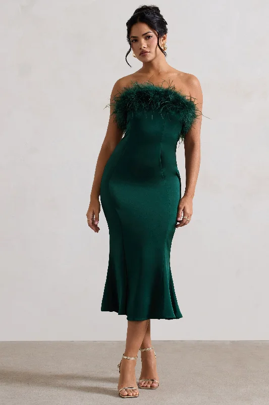 One And Only | Green Satin Feather Trim Midi Dress