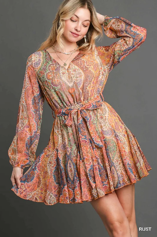 Paisley Belted V-Neck Dress