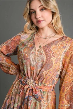 Paisley Belted V-Neck Dress