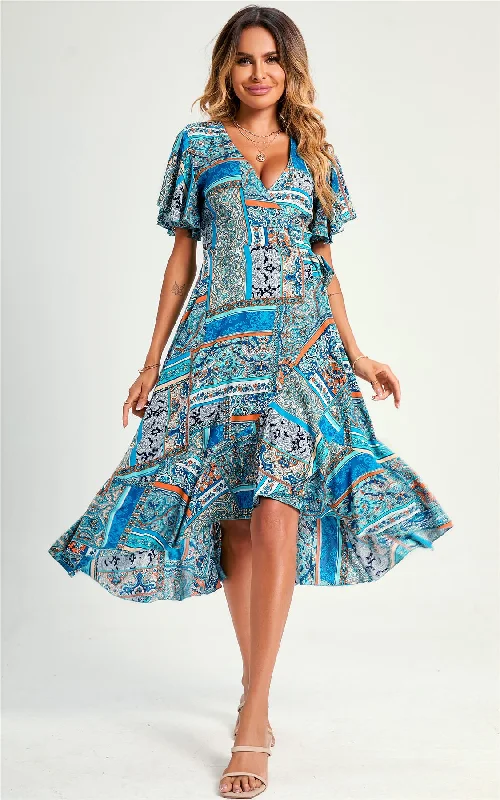 Paisley Print Hem Wrap Midi Dress In Blue