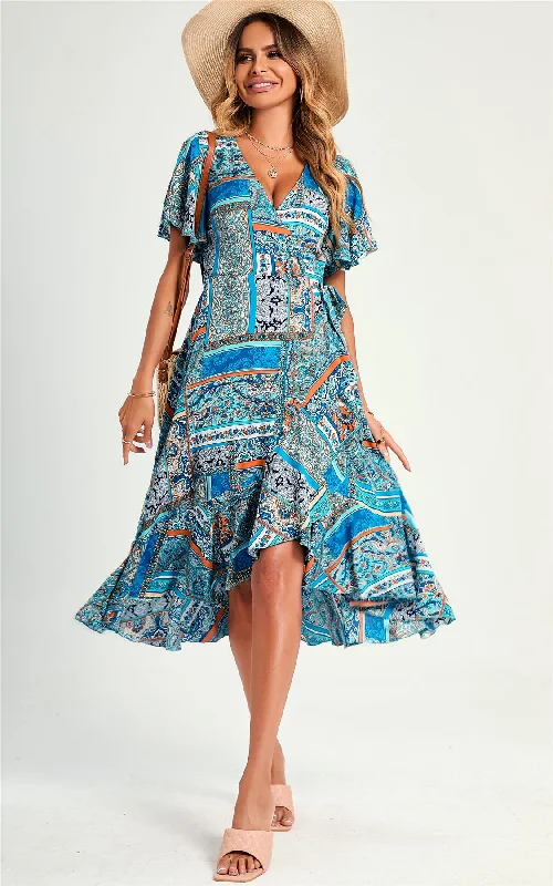 Paisley Print Hem Wrap Midi Dress In Blue