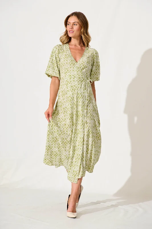 Paula Midi Wrap Dress In Green Print