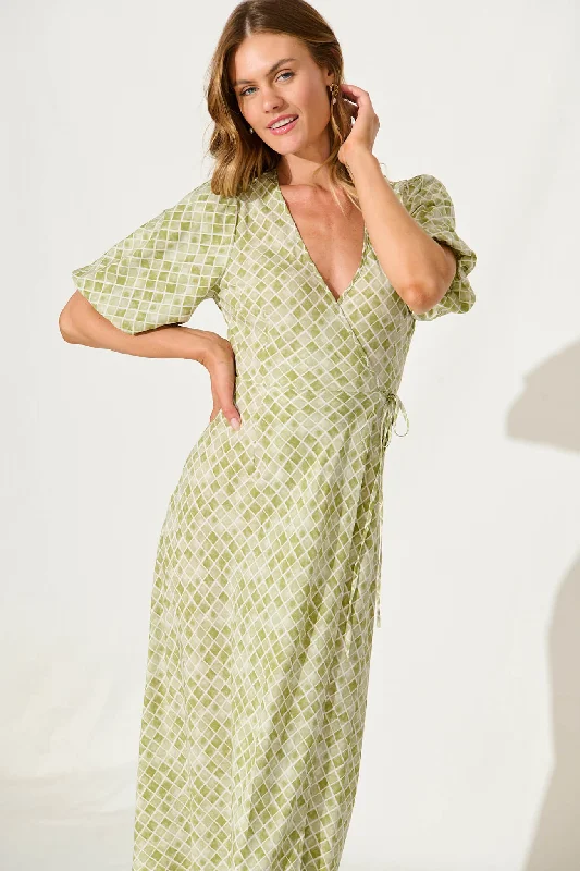 Paula Midi Wrap Dress In Green Print