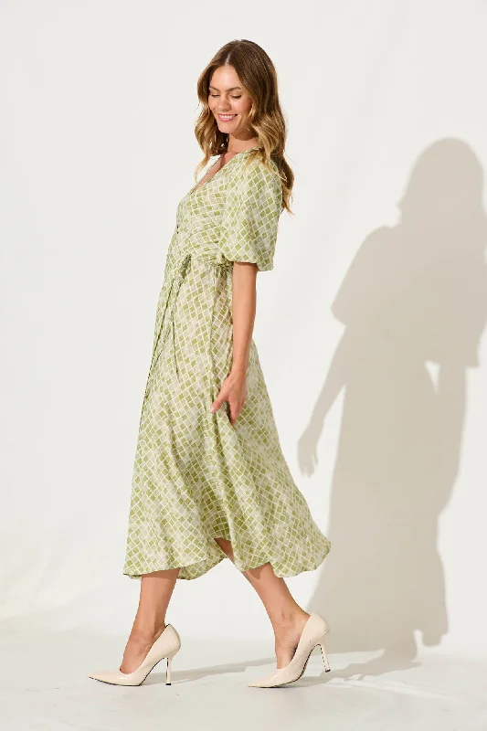 Paula Midi Wrap Dress In Green Print