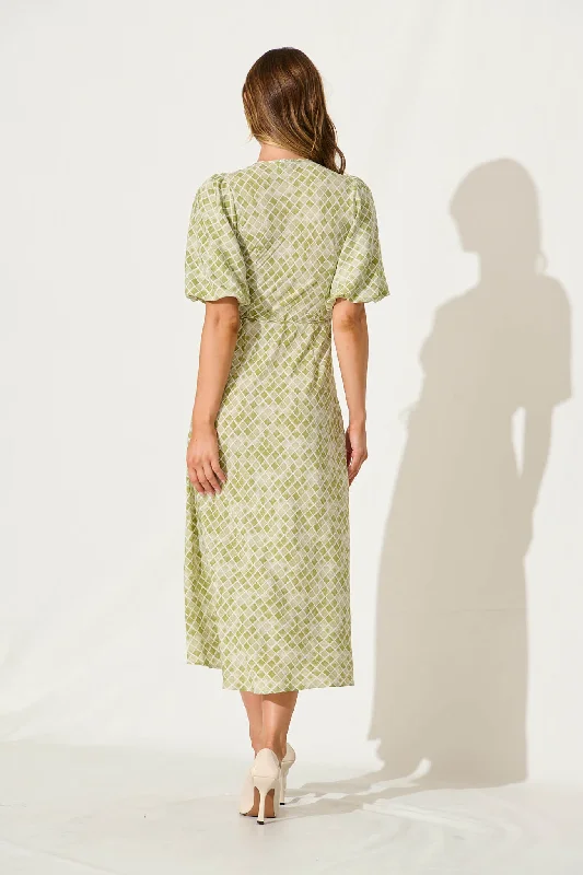 Paula Midi Wrap Dress In Green Print